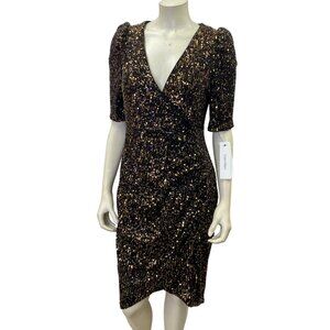 Calvin Klein $149 Sequin Bodycon Dress With Puff Sleeves & Deep V-Neck 10 NWT